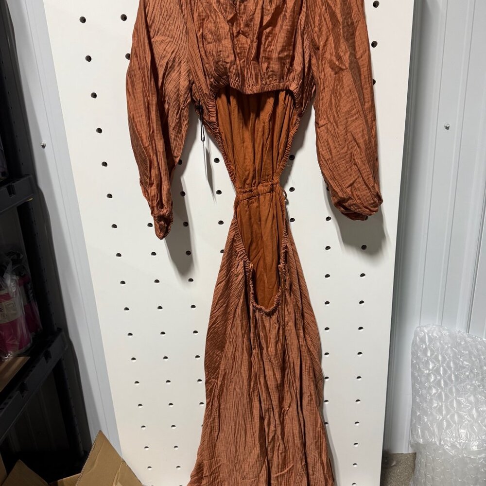Shiny Brown Maxi Dress with tie around waist size large - Picture 3 of 3